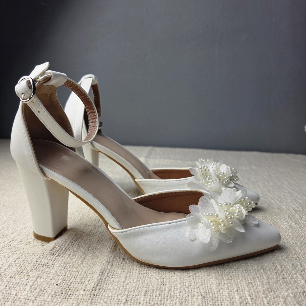 White Floral Pearl Ankle-Strap Block Heels